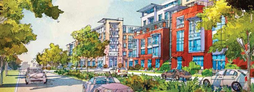 Rendering of apartment buildings with landscaping and cars driving past.